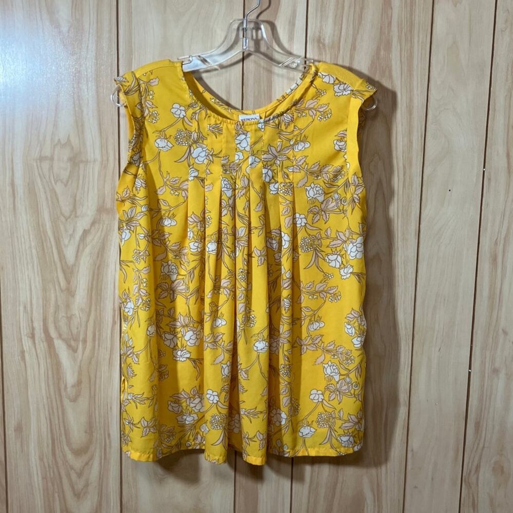 Merona Yellow Floral Scoop Neck Pleated Front Sleeveless Pullover Blouse L